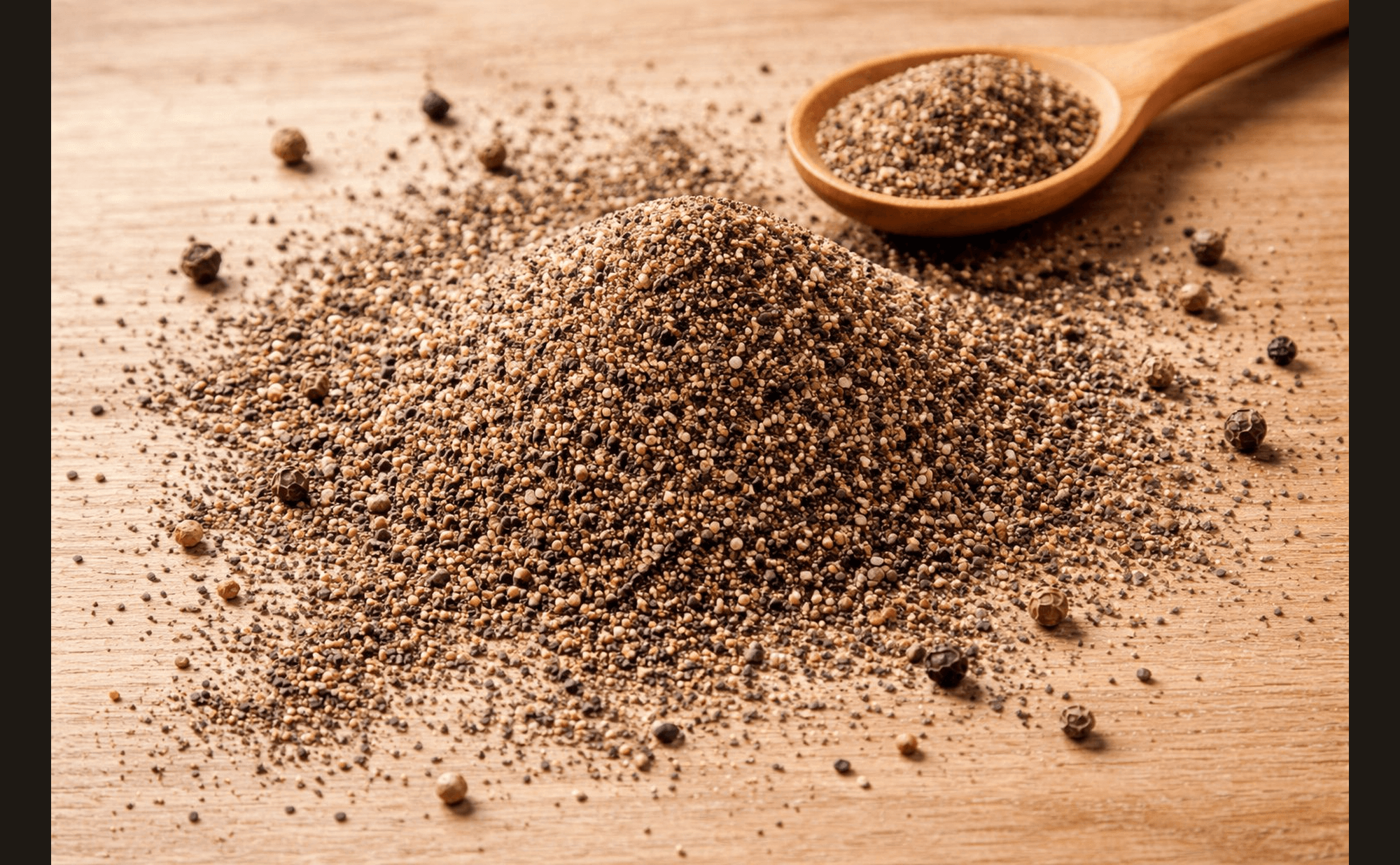 Ground peppercorn granules scattered on a surface