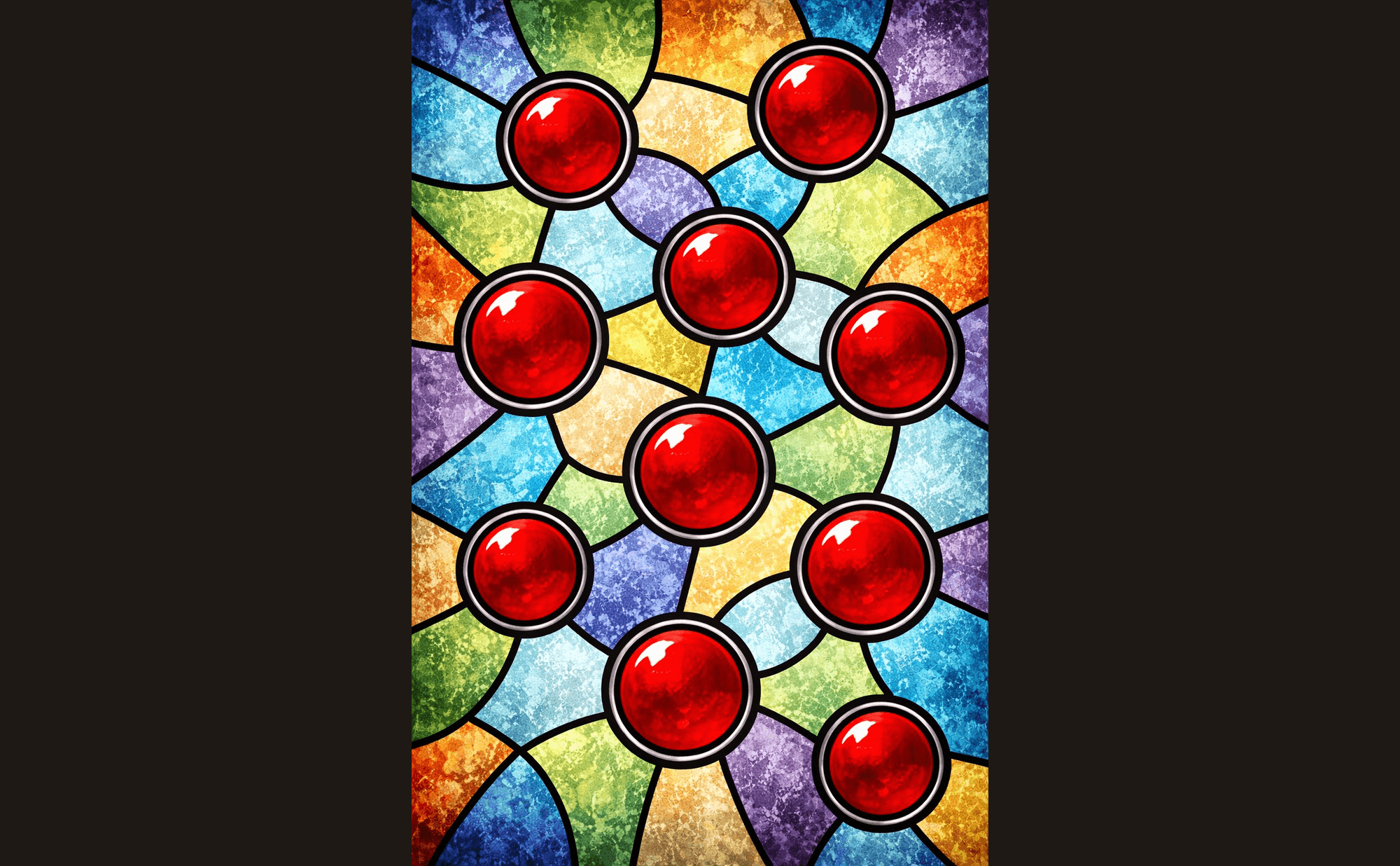 Stained glass window showing round coloured compartments separated by dark dividing lines