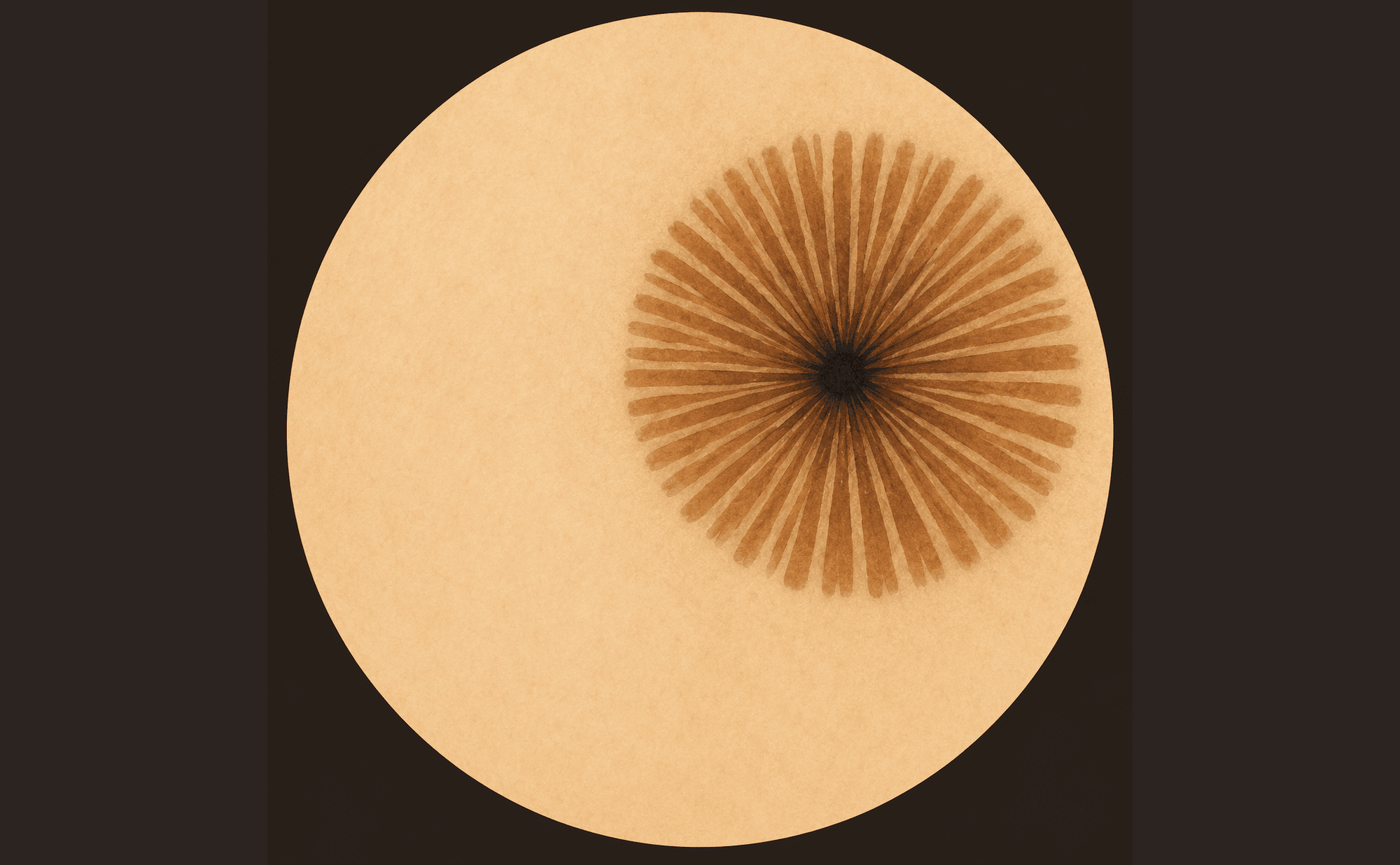 Dermoscopic illustration showing radial brown-grey projections converging on a central darker hub in a spoke-wheel configuration