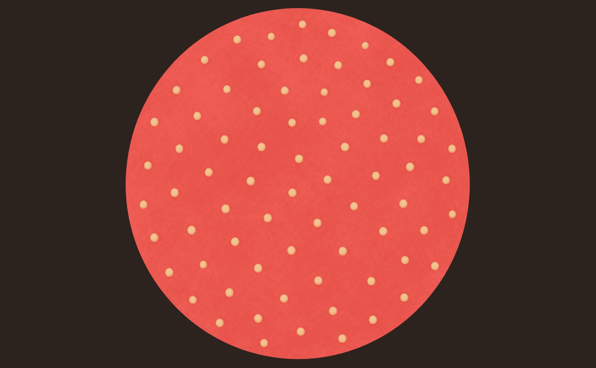 Dermoscopic illustration showing a pink-red background with solid white-yellow follicular keratin plugs scattered evenly, resembling the surface of a strawberry
