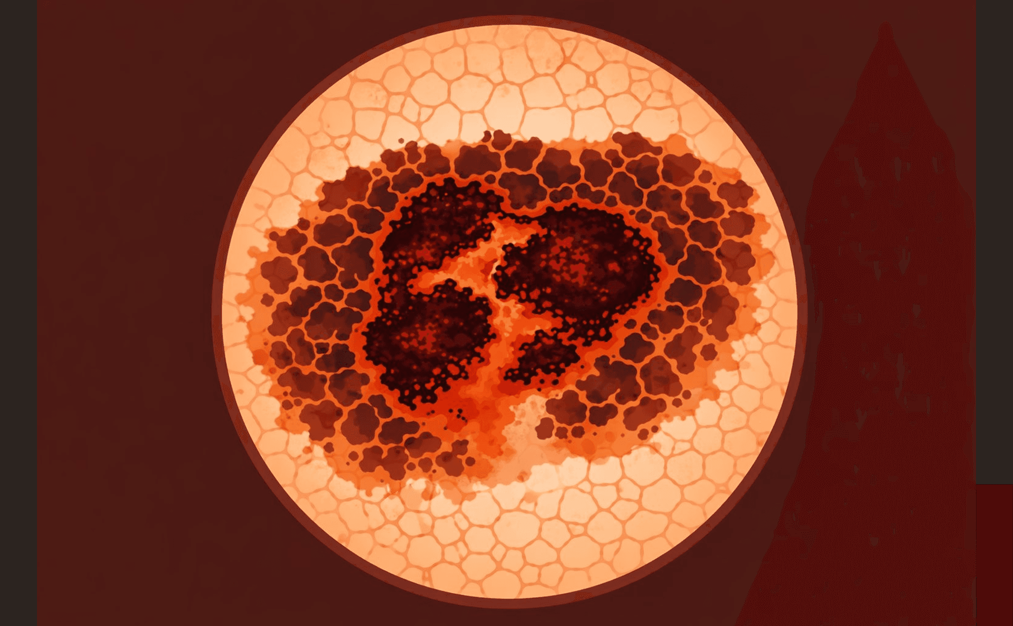 Dermoscopic illustration showing epidermal disruption with crusting, erosion, and exposed underlying tissue within a lesion