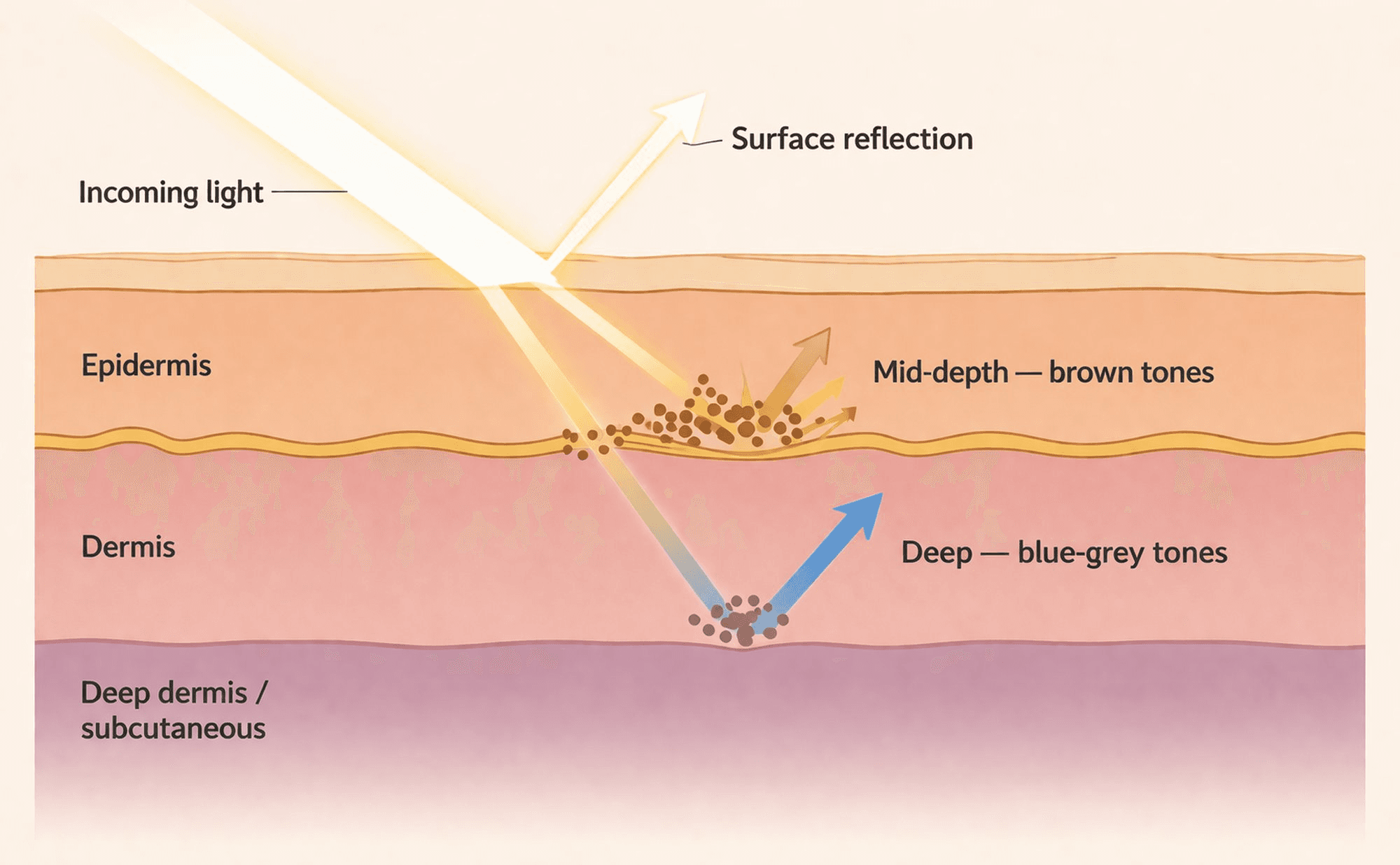 Cross-section diagram showing how light penetrates skin at three depths: surface structures appearing bright and crisp, mid-depth structures appearing softer with gradients, and deep structures appearing blue-grey due to the Tyndall effect.