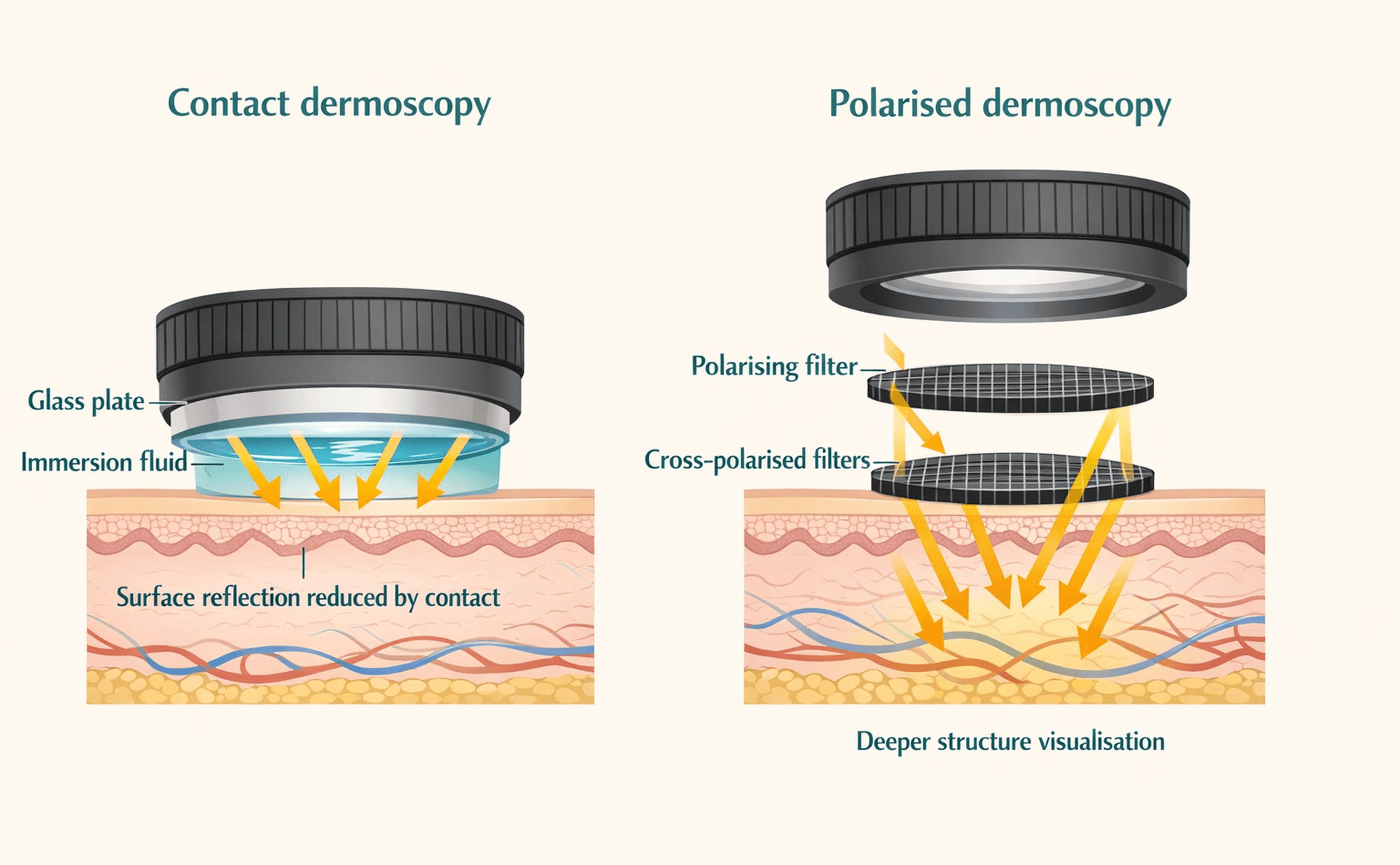 Side-by-side comparison of contact and polarised dermoscopy. Contact dermoscopy uses a glass plate with immersion fluid to reduce surface reflection. Polarised dermoscopy uses cross-polarised filters to eliminate surface glare and visualise deeper structures without skin contact.
