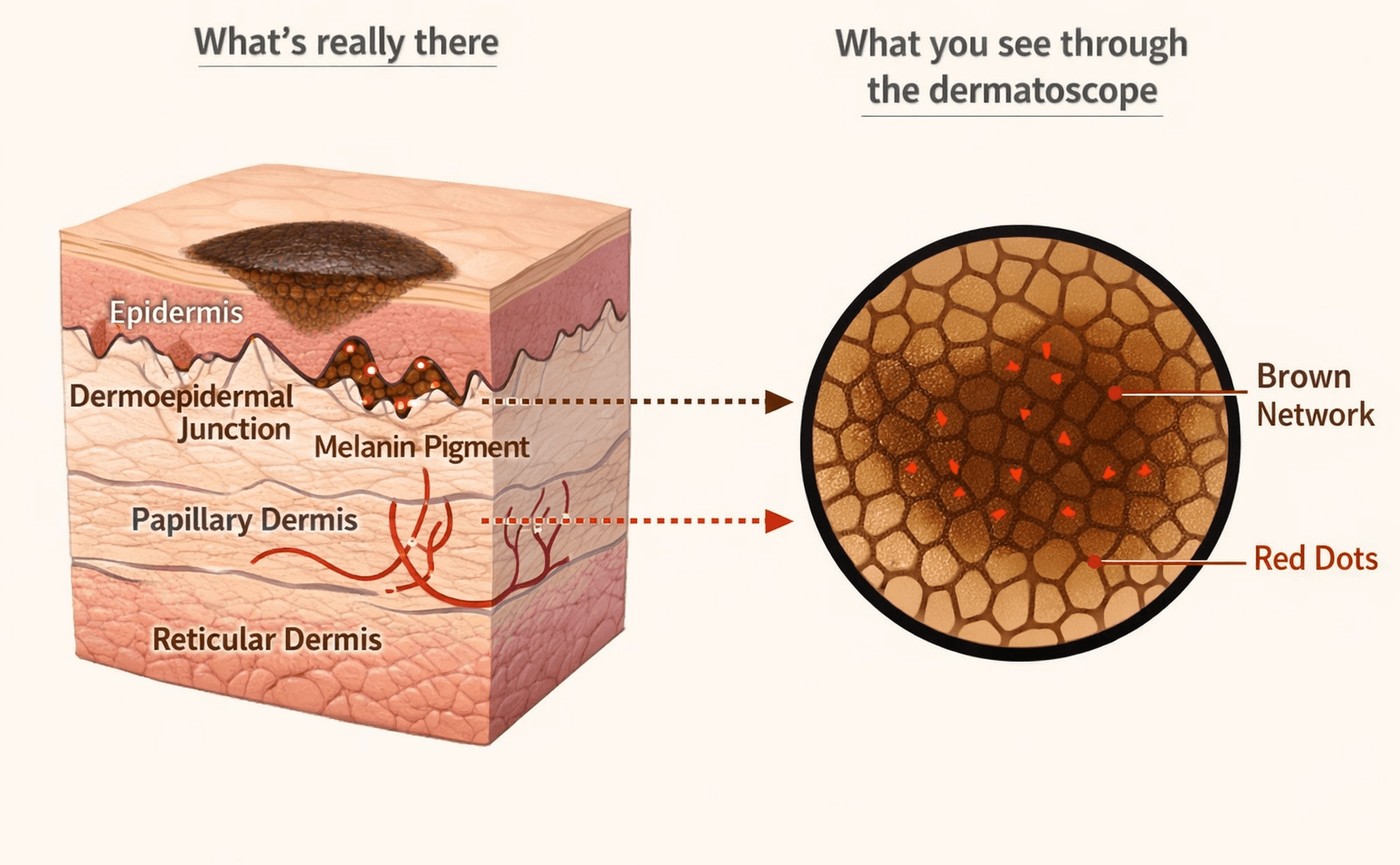 Side-by-side diagram showing a cross-section of skin with labelled layers (epidermis, dermoepidermal junction, papillary dermis, reticular dermis) alongside the corresponding dermoscopic view, illustrating how melanin pigment at the junction creates the brown network pattern and papillary dermis vessels create red dots.