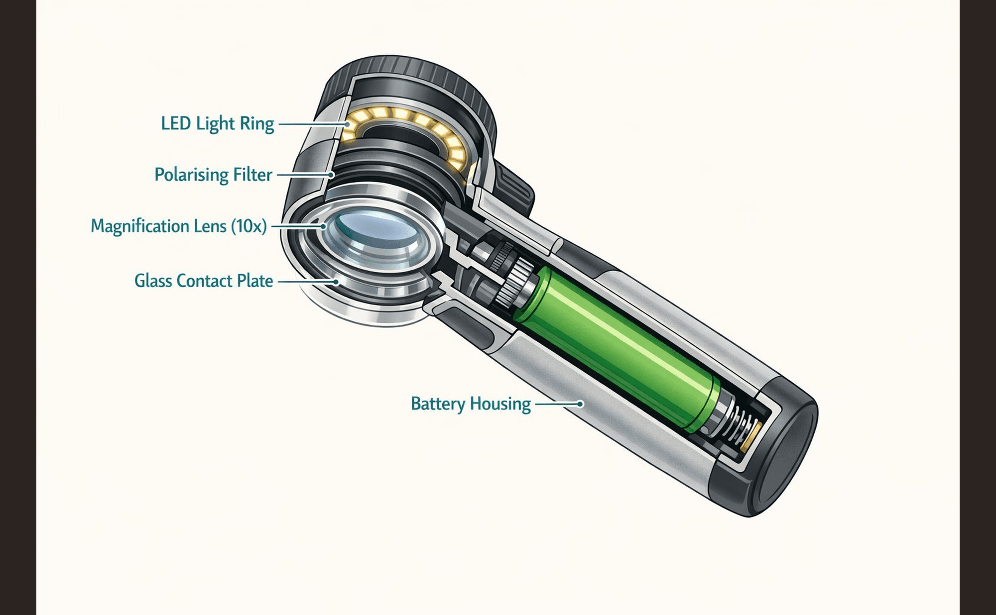 Cutaway diagram of a dermatoscope showing the LED light ring, polarising filter, magnification lens, glass contact plate, and battery housing.