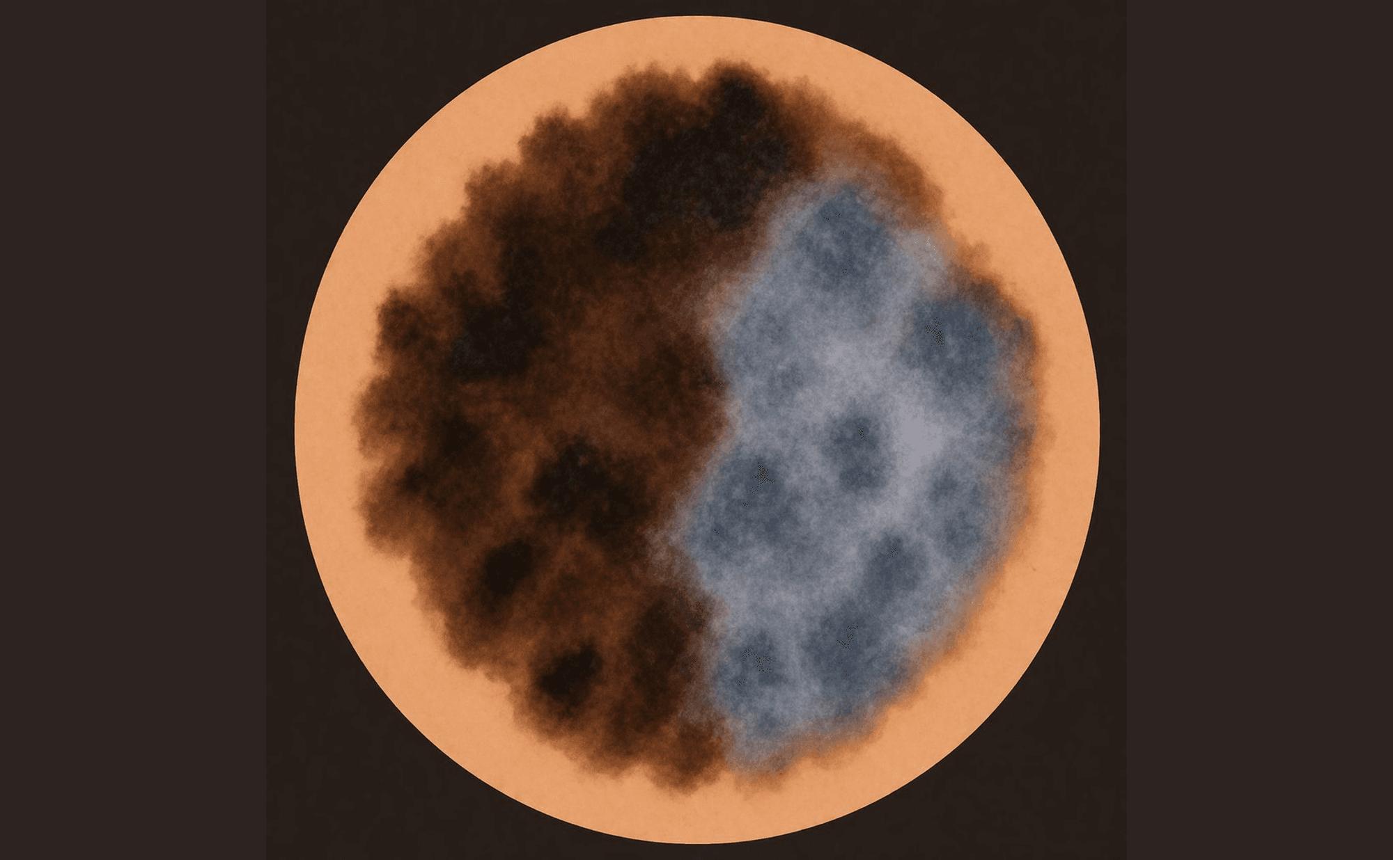 Dermoscopic illustration showing a confluent blue-grey area with an overlying white ground-glass haze within a pigmented lesion, demonstrating blue-white veil.