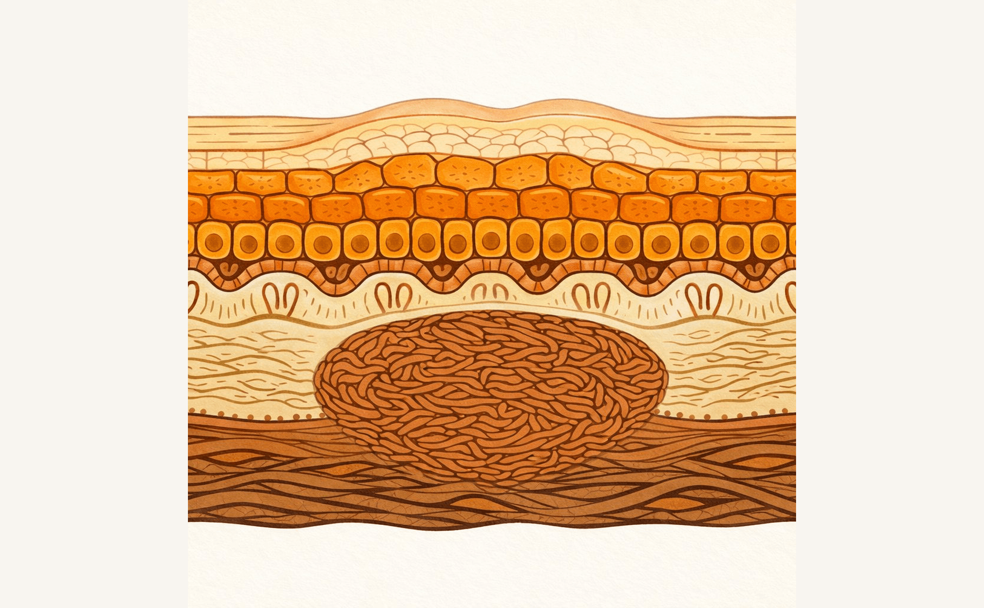 Cross-section diagram showing a dermatofibroma's dense fibrous core in the dermis pressing upward against the overlying epidermis, creating the central white patch visible under dermoscopy