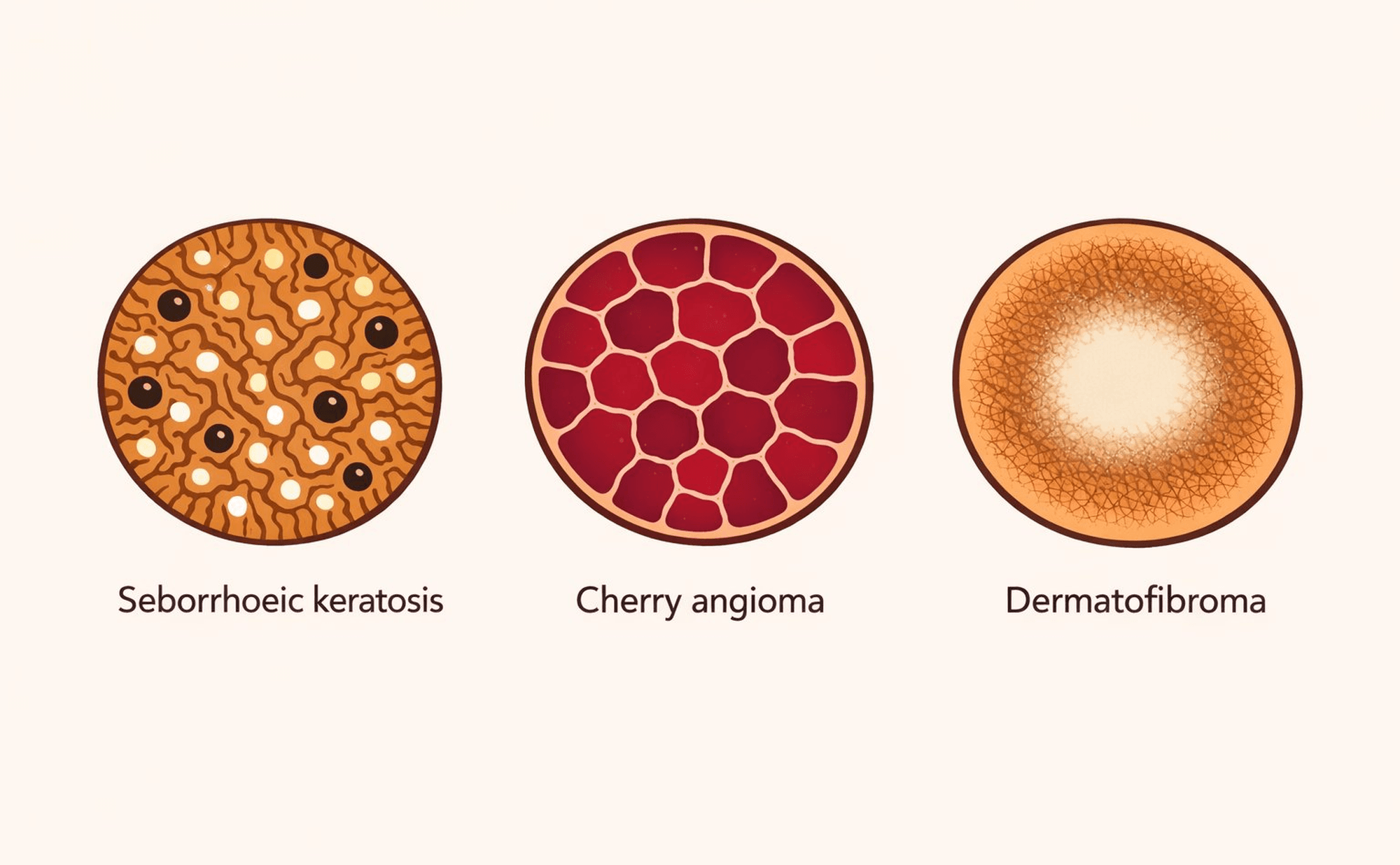 Reference card showing the three TADA Step 1 benign patterns side by side: seborrhoeic keratosis with milia-like cysts and comedo-like openings, cherry angioma with red lacunae and pale septa, and dermatofibroma with central white patch and peripheral pigment network.