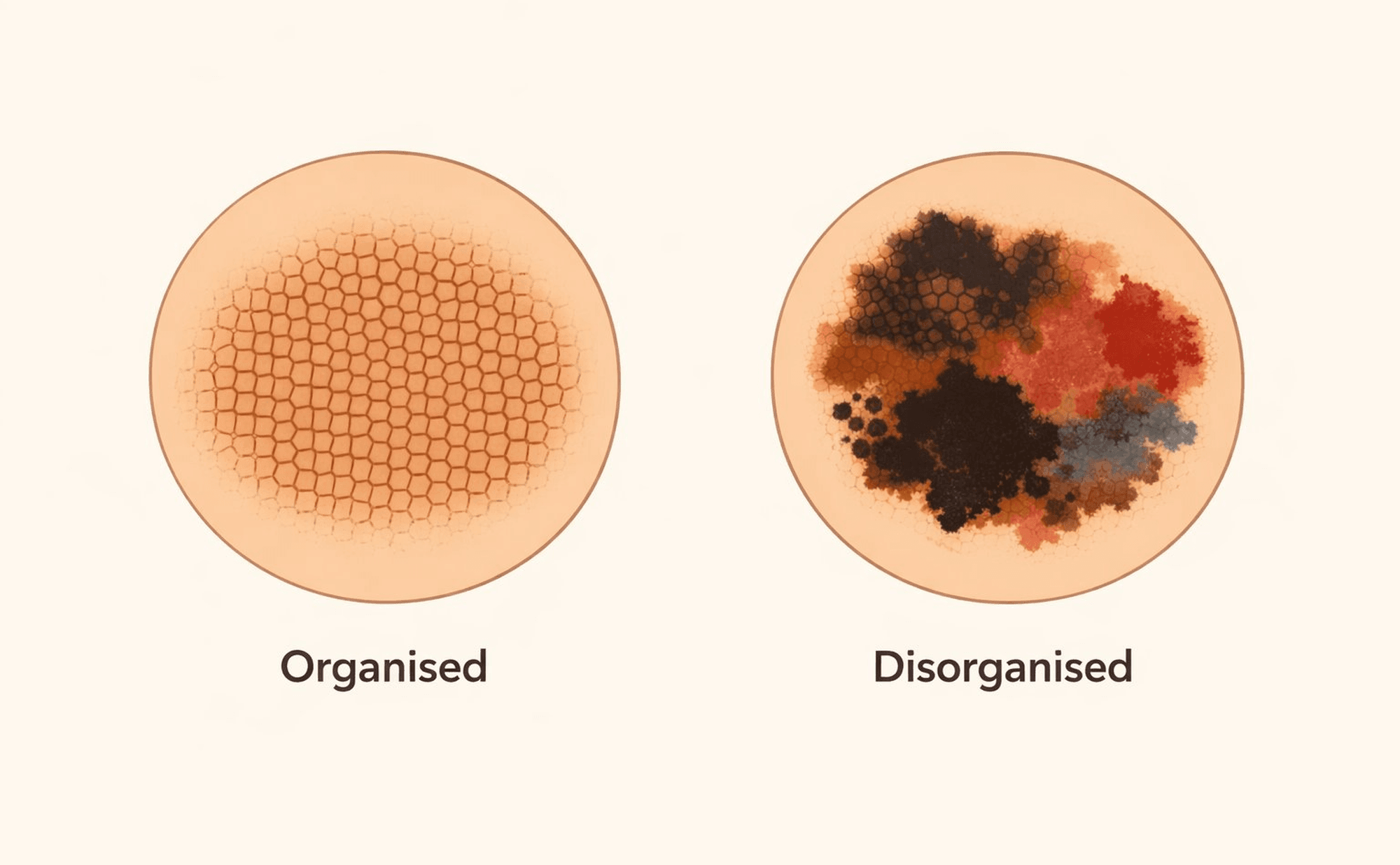 Side-by-side comparison showing an organised lesion with symmetric structure and uniform pigment network alongside a disorganised lesion with asymmetric structure, multiple colours, and chaotic pattern distribution.
