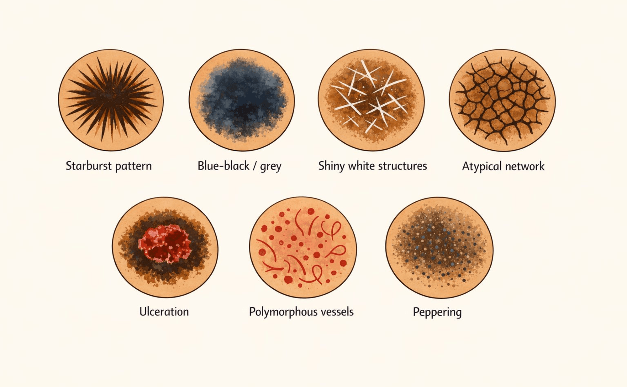Reference card showing all seven TADA Step 3 high-risk features: starburst pattern, blue-black or blue-grey colour, shiny white structures, atypical network, ulceration, polymorphous vessels, and peppering (regression).
